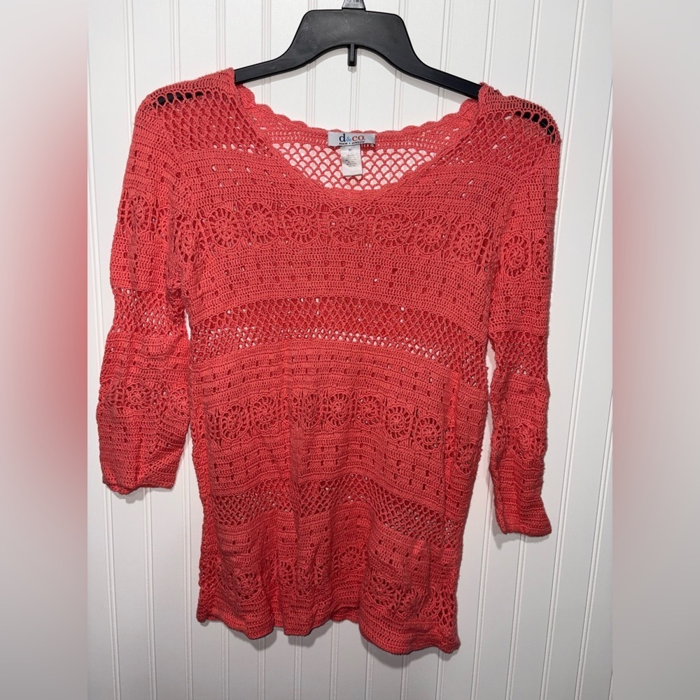 Denim & Co. Coral Crochet Knit Top| Size Medium